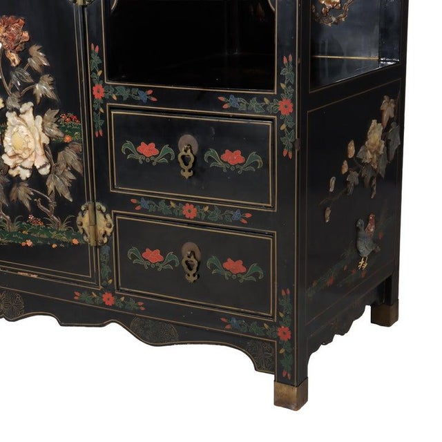 Chinese Ebonized & Gilt Credenza With Inlaid Figural & Floral Soap Stone 20thC For Sale - Image 4 of 16