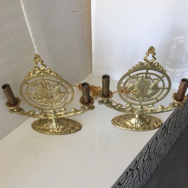 Vintage Solid Brass Nautical Tabletop Lamps With Ship Design, a Pair For Sale - Image 4 of 13