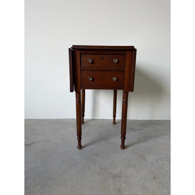 Wood Antique Walnut Drop-Leaf Side Table With Two Drawers & Turned Legs/ Sold For Sale - Image 7 of 12