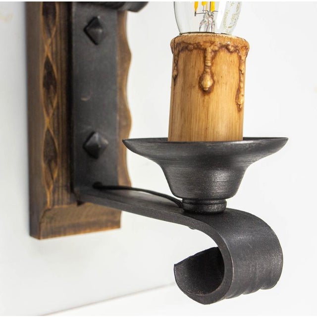 Wood Spanish French Pine & Wrought Iron Wall Lights, 1960s, Set of 2 For Sale - Image 7 of 10