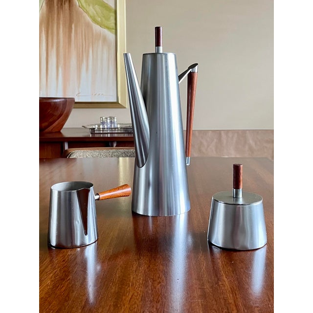 Italian Mid-Century Modern Stainless Steel & Teak Coffee Tea Service - 3pc. Set For Sale In Los Angeles - Image 6 of 10