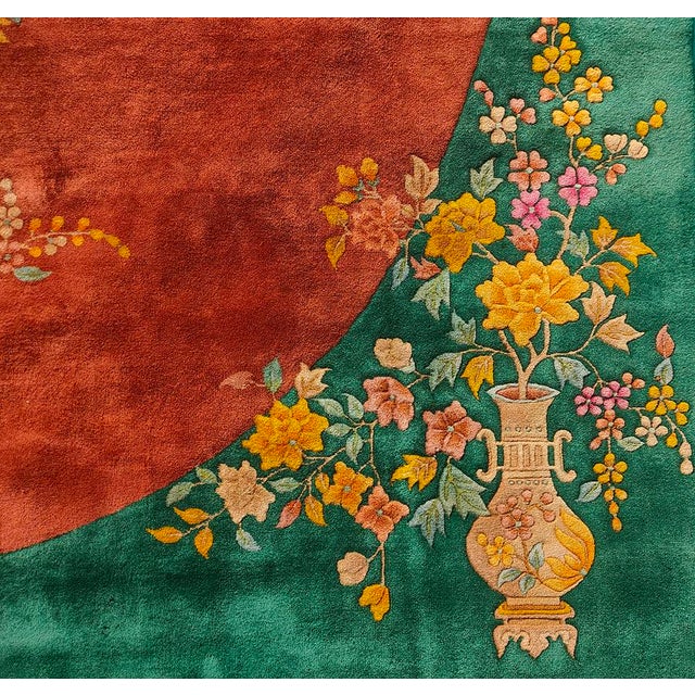 Orange 1920s Orange Open Field Floral Modern Antique Chinese Art Deco Knotted Wool Rug For Sale - Image 8 of 11