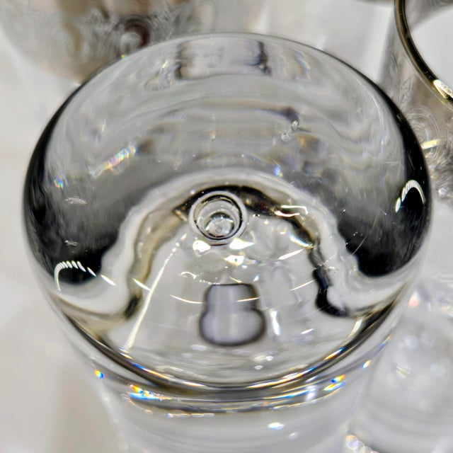 Vintage Etched Floral Highball Glasses With Silver Overlay Scroll Rims and Bubble Bases, Set of 8 For Sale - Image 10 of 11