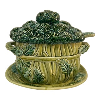 Vintage Portuguese Majolica Broccoli Tureen With Original Ladle & Underplate For Sale