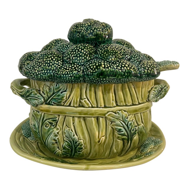 Vintage Portuguese Majolica Broccoli Tureen With Original Ladle & Underplate For Sale