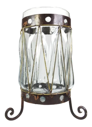 Hand Blown Glass in Handmade Wrought Iron Caged on Tripod Base Candle Holder Vase