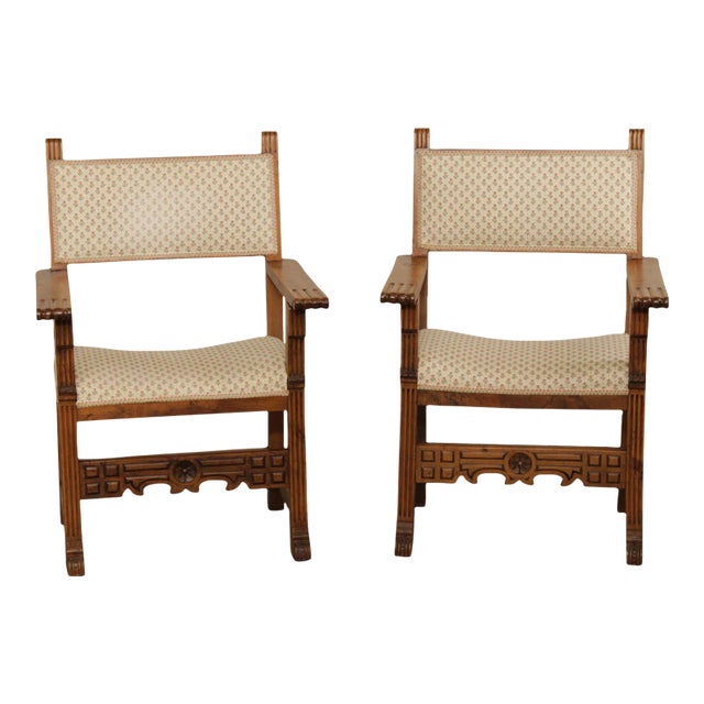 Antique Spanish Renaissance Style Walnut Armchairs - A Pair For Sale