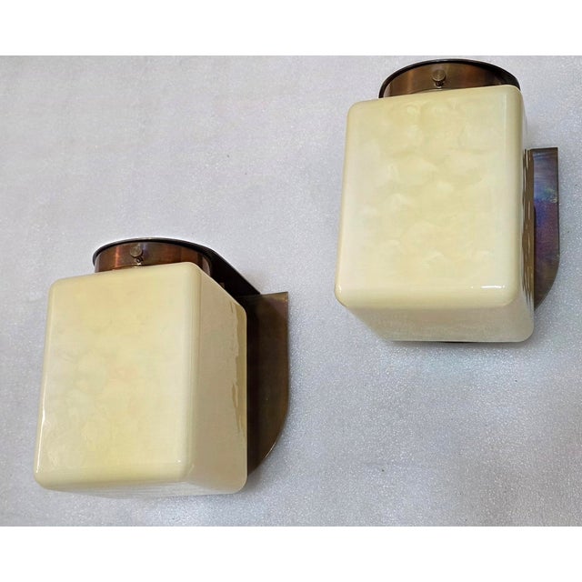 Pair Vintage Art Deco Light Old Lamp Wall Sconces Fixture Brass & Cube Cream Milk Glass Shade Lamp Ship Light For Sale - Image 4 of 8