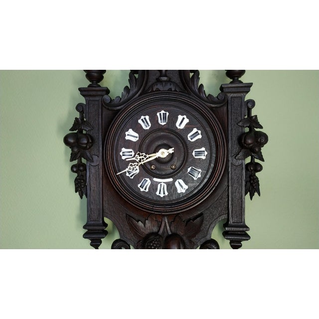 1840-1860 Grand French Carved Wooden Clock Cartel and Enameled Cartridges For Sale - Image 10 of 10