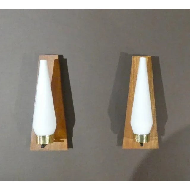Brass, Opal Glass and Teak Wall Lights from Stilnovo, Italy, 1950s, Set of 2 For Sale - Image 6 of 6