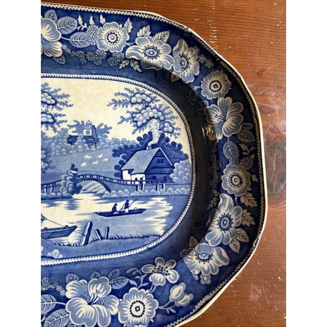 Antique Dark Blue Transfer Decorated Staffordshire Platter, "Wild Rose" For Sale - Image 4 of 12
