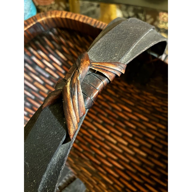 Vintage MCM Japanese Willow Weave Bamboo Handwoven Basket Triple Arch Handle Japandi / Mingei For Sale - Image 4 of 8