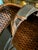 Vintage MCM Japanese Willow Weave Bamboo Handwoven Basket Triple Arch Handle Japandi / Mingei For Sale - Image 4 of 8