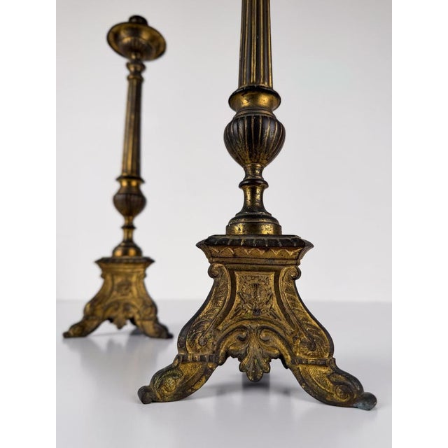 Italian Baroque Style Church Candlesticks in Gilt Bronze, Set of 2 For Sale - Image 9 of 17