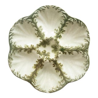 Antique French Saint Clement Luneville Majolica Green Seaweed Oyster Plate, Circa 1900 For Sale