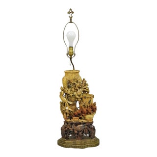 Antique Chinese Figural Carved Soapstone Large Table Lamp With Birds & Flowers For Sale