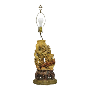 Antique Chinese Figural Carved Soapstone Large Table Lamp With Birds & Flowers