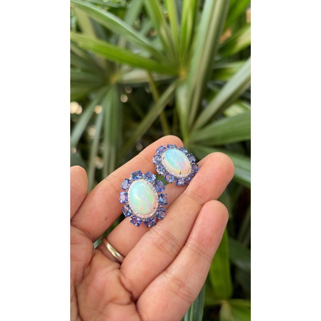 Metal Set in 18k White Gold, Ethiopian Opal, Tanzanite & Diamonds Modern Stud Earrings, Pair For Sale - Image 7 of 11