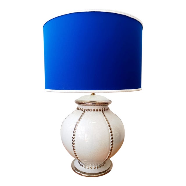 Earthenware Lamp with Blue Lampshade from Longwy, 1970s For Sale