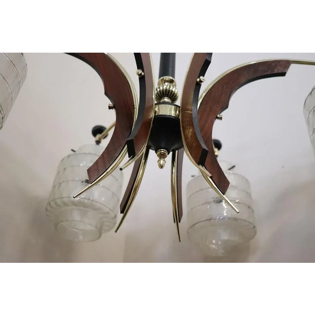 Mid-Century Italian Glass Bowls, Wood, Brass and Black Lacquered Metal Chandelier, 1950s For Sale - Image 9 of 12