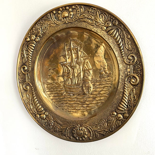 Rustic European Vintage Nautical Hammered Brass Repousse Wall Hanging Plate For Sale - Image 3 of 8