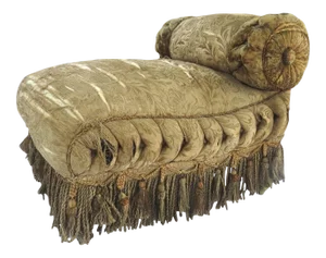 Antique Upholstered Bench/Stool with One Small Tufted and Rolled Arm and Tassel Shag Trim