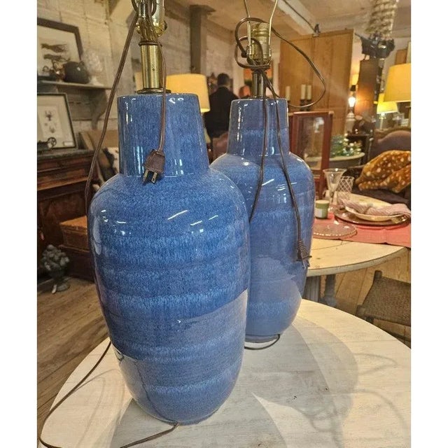 Vintage ceramic/pottery table lamp by Lee Rosen for Design Technics with a beautiful drip blue glaze . 24" to top of the...