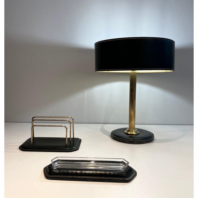 Black Cellar quilted leather desk set. French works in the style of Jacques Adnet. For Sale - Image 8 of 12