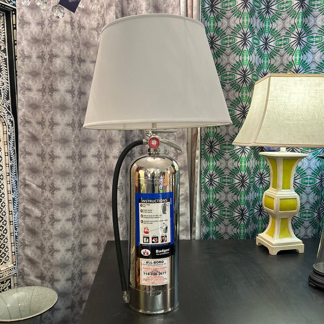 Chrome Chrome Repurposed Fire Extinguisher Lamp With Custom White Flare Shade For Sale - Image 8 of 8