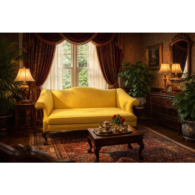 This Chippendale style newly upholstered in yellow with blue accent loveseat features original mahogany claw and ball...
