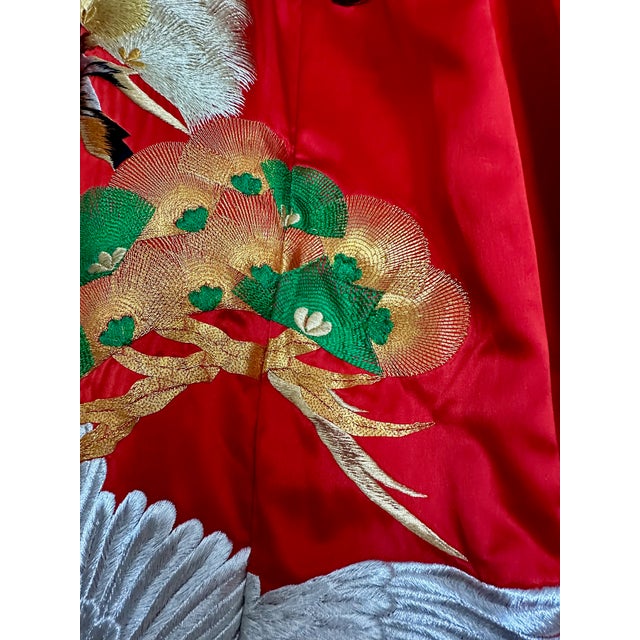 Vintage Red Brocade With Flying Cranes Japanese Ceremonial Kimono For Sale - Image 11 of 18