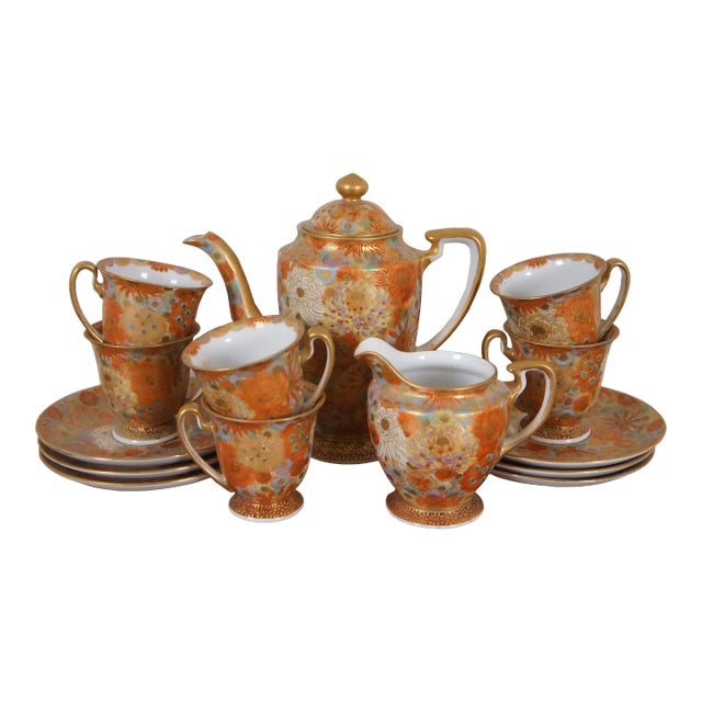 Vintage Japanese Thousand Flower Satsuma Porcelain Demitasse Tea Coffee Set- 14 Pieces For Sale
