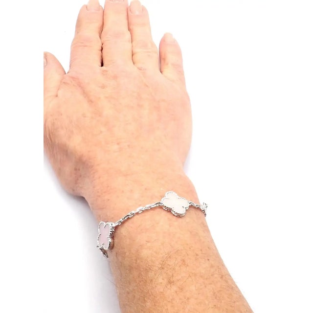 Late 20th Century Van Cleef & Arpels Pink Opal Vintage Alhambra Five Motif White Gold Bracelet For Sale - Image 12 of 14