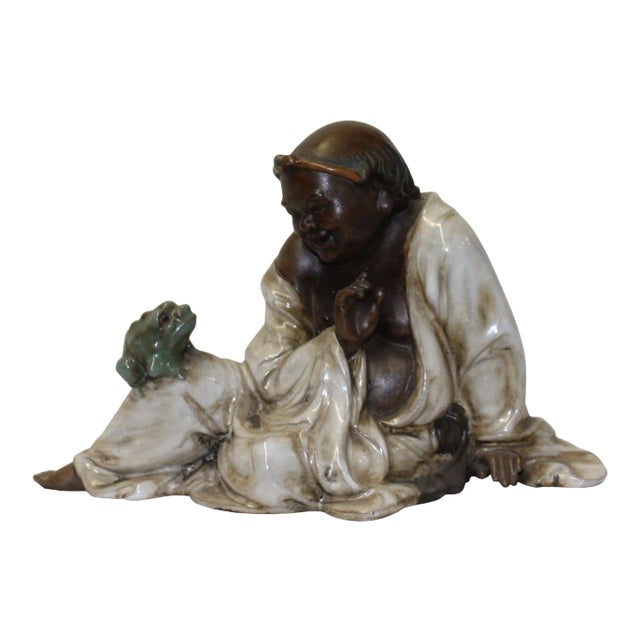 Chinese Oriental Ceramic Finish Ancient Old Man Toad Figure For Sale