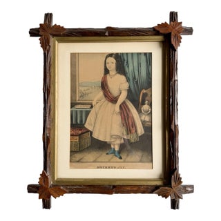 “Mother's Joy” Antique Color Lithograph Print by Kellogg in Carved Wood Adirondack Frame For Sale