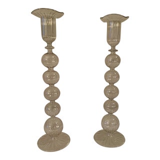 Mid-Century Striped Hand Blown Glass Stacked Ball Candlestick Set With Sunburst Bottom and Ruffled Top - a Pair For Sale