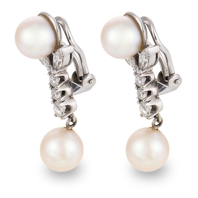 1970s Vintage Pearl Diamond 14k White Gold Drop Earrings, Pair For Sale - Image 5 of 5