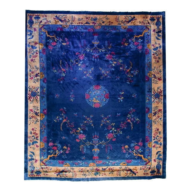 1920s Antique Chinese Art Deco Rug Medallion Botanical Royal Blue Hand Knotted Manchester Wool Rug - 12’3” X 14’5” For Sale