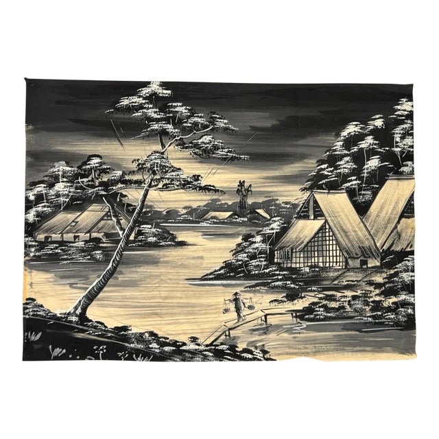 Mid 20th Century Original Vintage Vietnamese River Scene Painting on Silk Mid-Century For Sale