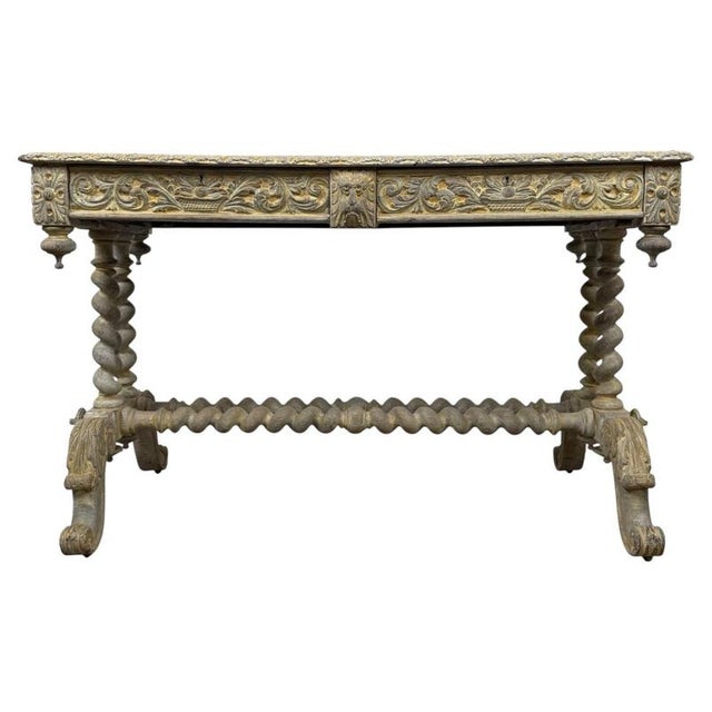 Antique Victorian Oak Writing Table with Carved Decoration For Sale - Image 11 of 11