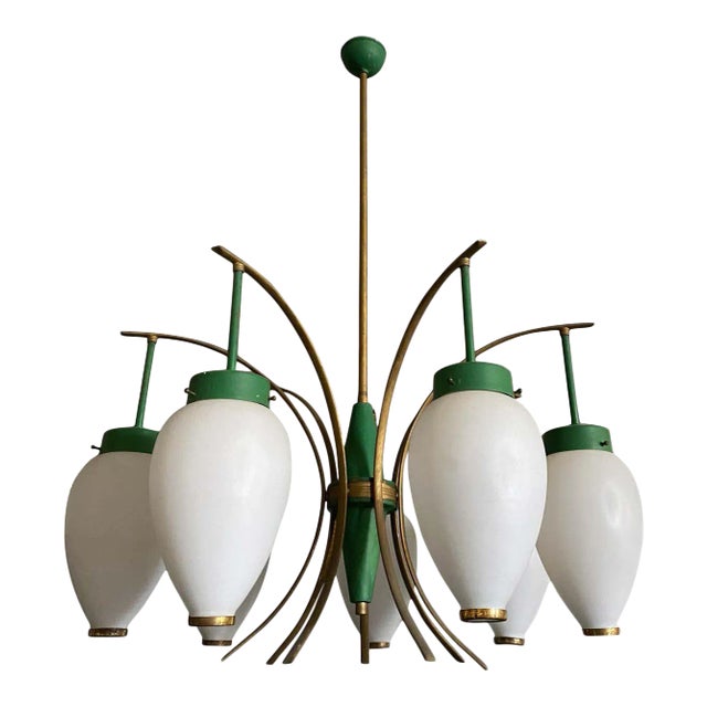 1960s Stilnovo Mid-Century Modern Brass and Glass Chandelier For Sale