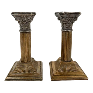 Antique Corinthian Columns Candlesticks in Silver-Plating, 1930s, Set of 2