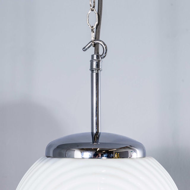 White Mouth-Blown Ribbed Opaline Pendant Lamp, 1940s For Sale - Image 8 of 12