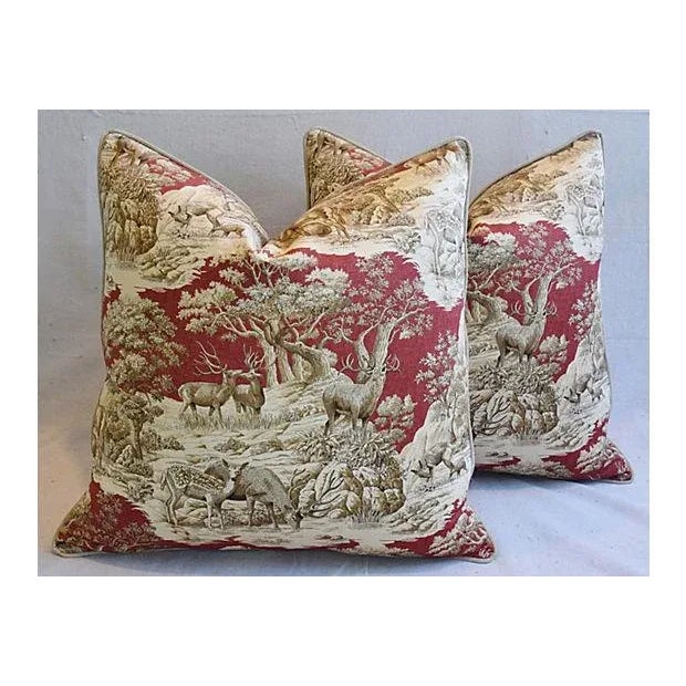 Pair of large 25" square custom-tailored pillows in vintage/never used cotton printed fabric depicting a woodland wildlife...