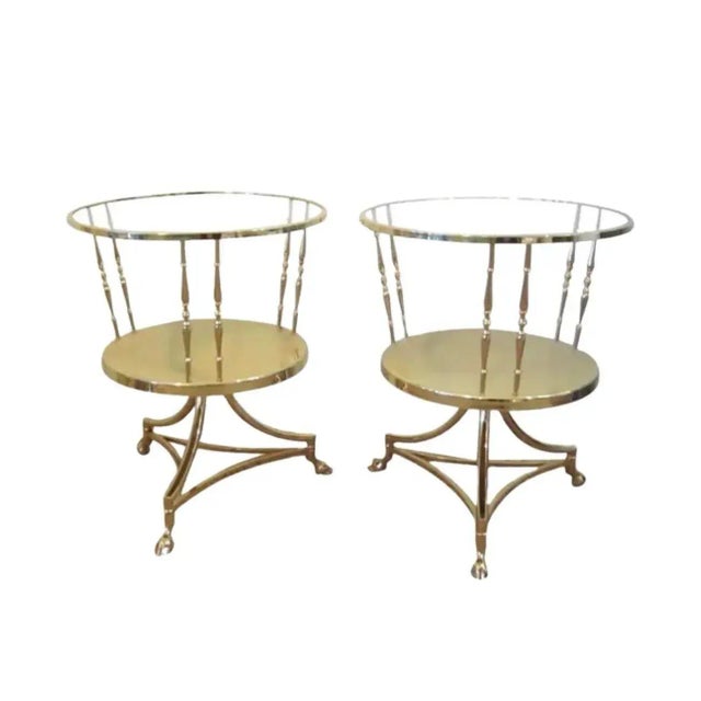 Mid-Century Modern 1960s Italian 2 Tier Round Brass and Glass Side Tables With Hoof Feet a Pair For Sale - Image 3 of 12