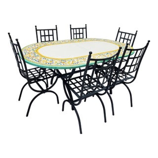 Made in Italy – Hand Painted 1990s Signed Domiziani Deruta Lava Stone Dining Table With 6 Aurora Chairs For Sale