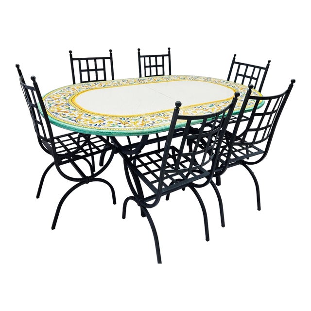 Made in Italy – Hand Painted 1990s Signed Domiziani Deruta Lava Stone Dining Table With 6 Aurora Chairs For Sale
