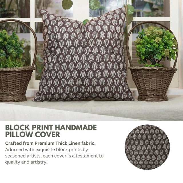 Textile Block Print Handmade Pillow Cover Thick Linen Throw Cushion 14x20 Inch Sangmarmar Jaal For Sale - Image 7 of 7