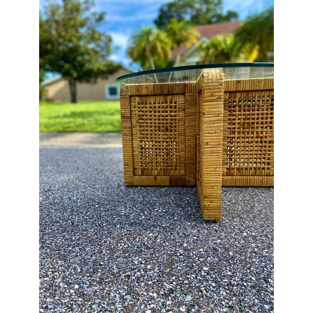 Boho Petite Side Table or Coffee Table | Interlocking Rattan Block Base With Glass Top For Sale In Tampa - Image 6 of 12