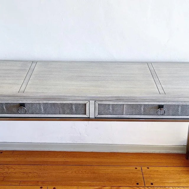 Vintage NeoClassical Revival Wood and Shagreen Console Desk with Metal Legs and Drawer Pulls In beautiful shades of warm...